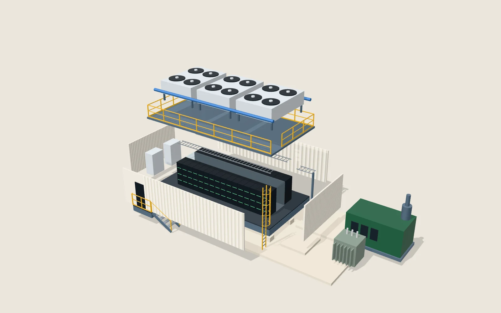 The data centre module with walls and roof pulled away to show the rack rows.