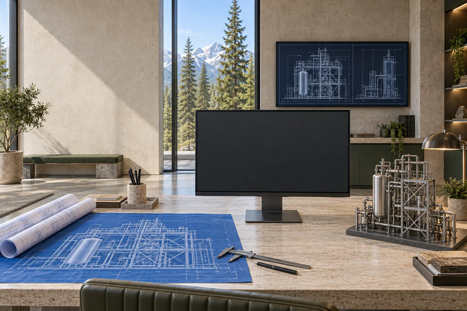 An imagined engineering lab with a CAD screen, illuminated blueprints, drafting tools and a scale model.